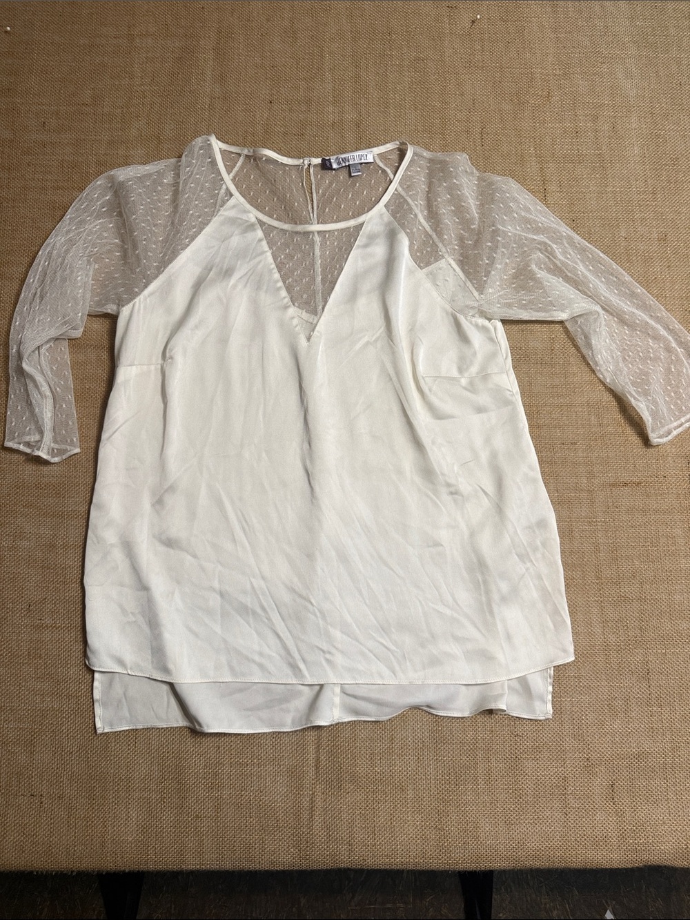 Jennifer Lopez White Sheer Dot-Sleeve V-Neck Blouse